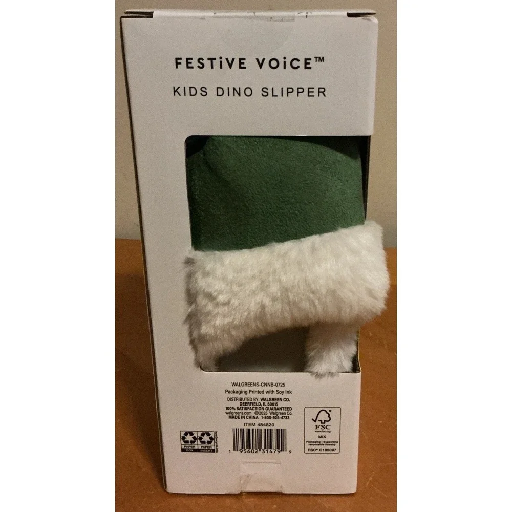 Festive Voice‎ Kids Dino Slippers, Green With Claws Size 11-12, New In Package